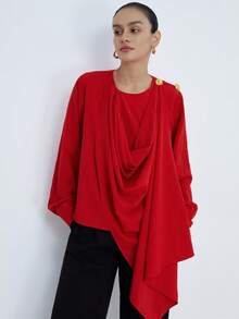 Aveloria Modichic Vintage Vibrant Red One-Piece Swing Collar Blouse, Golden Button Decor For Refined Look, Long Sleeve Design Suitable For Autumn Date - Red - View 7