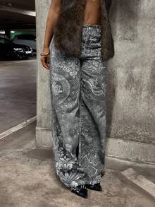 StreetHx Jeans a vita bassa con gamba dritta e stampa floreale, stile streetwear - nero - Visualizzare 4
