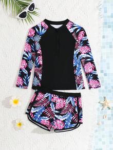 SHEIN 印花运动少女背心式泳装 - 黑色 - 查看 3