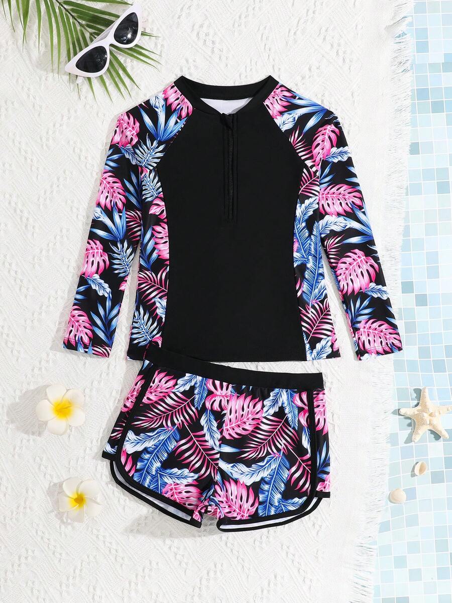 SHEIN 印花运动少女泳衣,包括连体泳衣、长袖泳衣、防晒泳衣、长袖泳装、长袖泳衣、少女泳衣、保守泳衣、长袖防晒泳衣、带袖连体泳衣、防晒泳衣、带防晒衣的泳衣、长袖泳衣、少女泳装、保守泳衣、少女泳装 - 黑色 - 查看 1