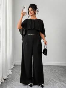 Elenzga Ruffle Boat Neck Tie Shawl Chiffon Jumpsuit Maxi Dress, Business Casual Party Summer Women Outfit, Elegant Formal Women Dresses, Evening Dress, Wedding Guest - Black - View 1