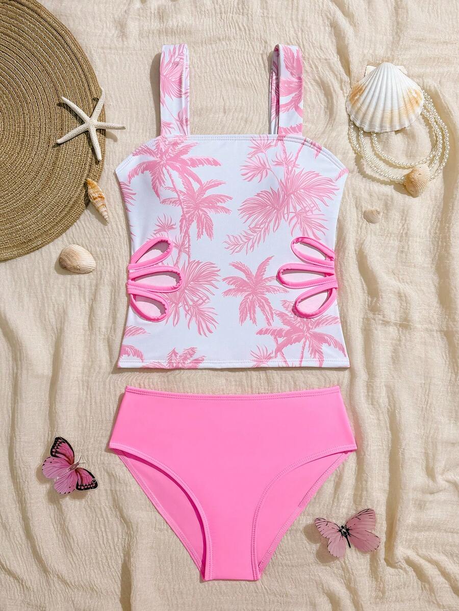 Tween Girls' Summer Vacation Beach Coconut Tree Print Tankini Set - Baby Pink - View 1