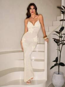 SHEIN Tall 手工钩编紧身3D立体花卉吊带裙，适合浪漫约会/海滩度假、春夏穿着，修身连衣裙，波西米亚风女装 - 杏色 - 查看 8
