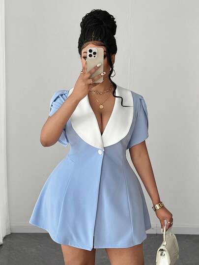 Maweii Plus Size Short Sleeve Fitted Contrast Color Collar Versatile Design Blazer