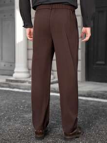 Manfinity Mode Pantalones casuales de negocios con bolsillos en diagonal y pliegues de unicolor para hombres - Marrón Chocolate - Ver 2