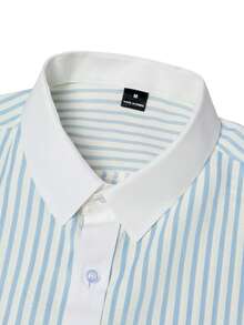 Manfinity Bizformal Camisa masculina casual listrada de manga comprida para o dia a dia - Azul e branco - Ver 6