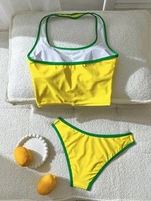 Swim Vcay 女士沙滩装，巴西国旗图案印花，黄绿撞色，时尚休闲度假运动装，吊带比基尼，运动冲浪服 - 彩色 - 查看 3