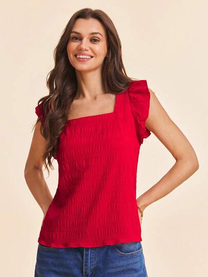 Coeurva Solid Ruffle Trim Bubble Texture Blouse Summer Women Beach Square Neck Summer Red Top