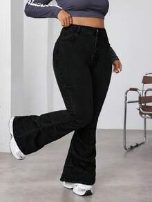 SHEIN ICON Quần jeans ống loe cạp cao màu trơn đơn giản, đa năng dành cho nữ cỡ lớn, thích hợp mặc hàng ngày đi làm. - màu đen - Xem 3