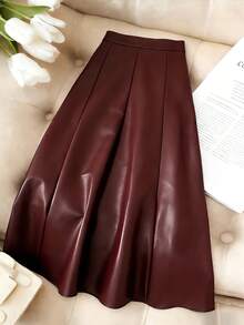 SHEIN PETITE CURVE Plus Size Petite Women's Elegant Burgundy PU Fabric Skirt,Elastic Waist A-Line Design For Autumn Everyday Concerts Parties Wedding Guests Birthdays - Burgundy - View 2