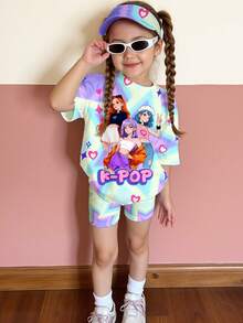 SHEIN 2pcs Tie-Dye, K-POP Cartoon Girl Portrait Casual Comfortable Round Neck Short Sleeve T-Shirt And Shorts Set, Suitable For Spring/Summer Daily Wear, Home, Sports - Multicolor - View 6