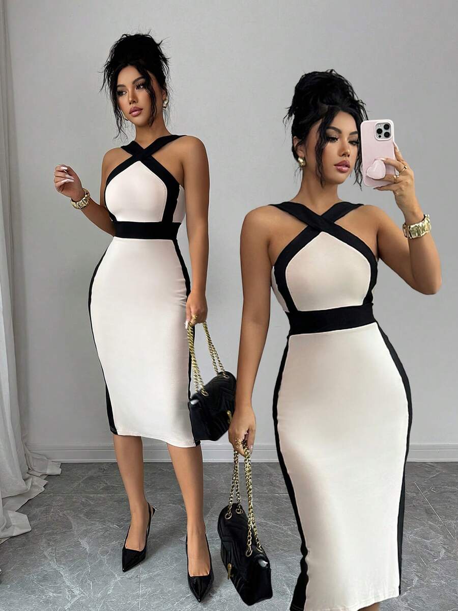 Rafferiza Women's Criss-Cross Color Block Fitted Midi Dress,Black And White Summer Elegant Party Bodycon Bandage Dress For Casual And Date Wear - Apricot - View 1