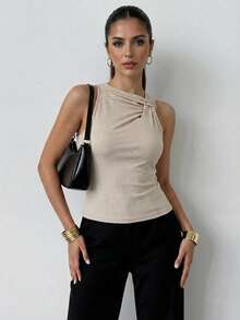 Firerie Women's Apricot Hollow Out Twist Knit Vest, Apricot Ribbed Knit Tank Top, Hollow Pleated Collar Blouse, Minimalist Casual Sleeveless Top, Spring/Autumn/Winter Clothing, Elegant, Commute, Casual, Daily, Minimalist, Work Outfit,Spring Outfit Women - Apricot - View 5