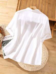Linhara Plus Size Embroidered Short Sleeve Casual Shirt - White - View 2