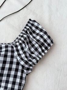 SHEIN 少女复古格子荷叶边A字衬衫，休闲学院风 - 黑與白 - 查看 5