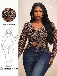 Truni Plusstorlek leopardmönstrad crop top med dragsko För semester och fritid, För päron- och triangelformad kroppsform - Brun - Visa 1