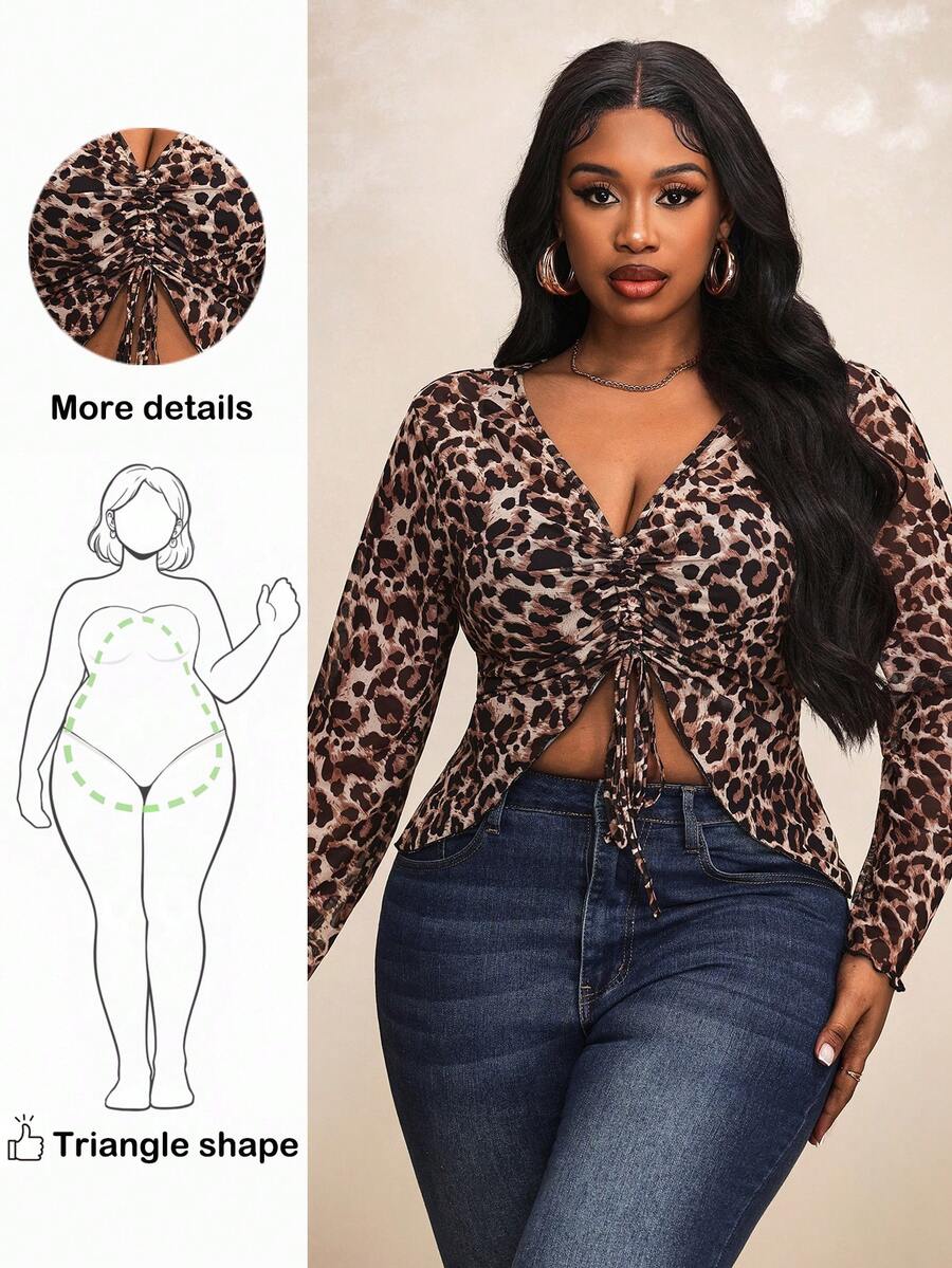 Truni Plusstorlek leopardmönstrad crop top med dragsko För semester och fritid, För päron- och triangelformad kroppsform - Brun - Visa 1