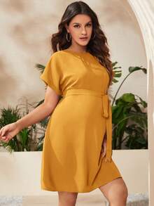 SHEIN Đầm bầu dáng suông cổ tròn tay cánh dơi màu trơn, thích hợp cho mùa hè. - Màu vàng - Xem 4