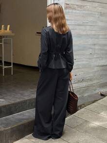 Livesso 女士高领宽松上衣和休闲裤两件套，秋冬季 - 藏蓝色 - 查看 2