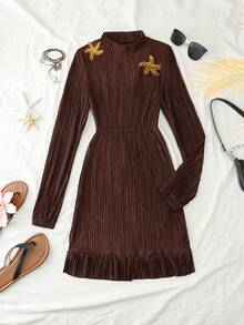 INAWLY Dark Brown,Autumn,Elegant,Dinner Date Caramel Starfish Embroidered Stand Collar Long Sleeve Waist Cinched Dress,Pleated Textured Vintage Style - Khaki - View 4