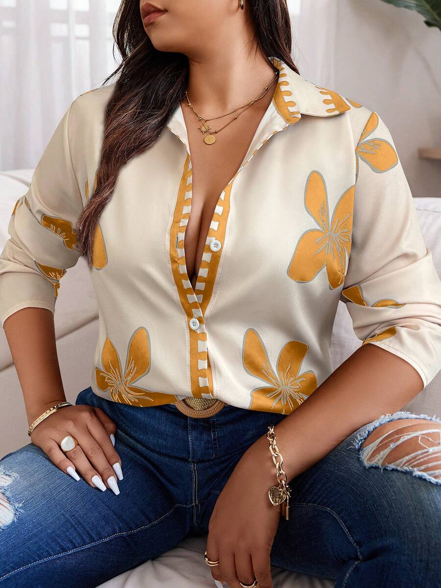EMERY ROSE Plus Size Random Floral Print Casual Shirt, Spring/Autumn - Multicolor - View 1