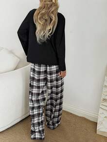 SHEIN 女士翻领纽扣装饰格子印花睡衣套装，黑色，秋冬服装 - 彩色 - 查看 2