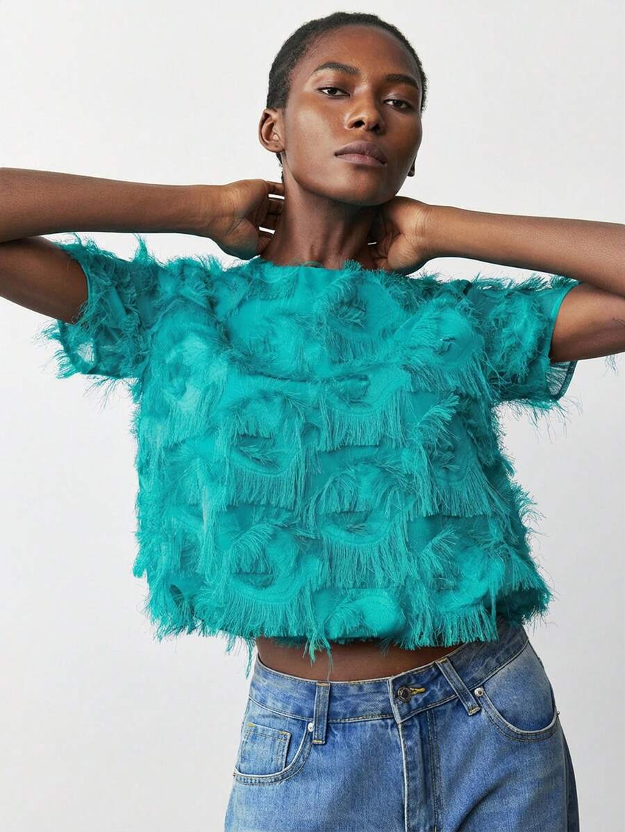 Maija Women's Casual Fashionable Street Style Vacation Minimalist Solid Color Frayed Hem Short Sleeve T-Shirt, Summer Fringe Tops Tassel Top Faux Feather Top St Patrick's Day Women Easter Summer Party Top Beach Holiday Vacation Going Out Graduation Casual Top Casual Blouses For Women - Green - View 1