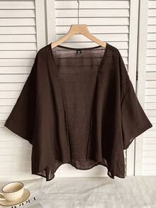 SHEIN EZwear 夏季短款轻薄纹理大码短外套，适合秋冬季穿着 - 棕色 - 查看 8