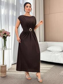Modelyn Plus Size Women's Solid Color Round Neck Batwing Short Sleeve Side Slit Hem Elegant Dress - Coffee Brown - View 8
