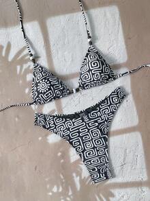 Swim Chiccia Women's All-Over Print Beaded Halter Neck Bikini Set Boho Bikini Set High Cut Bikini Pattern Bikini Triangl Bikini - Multicolor - View 11