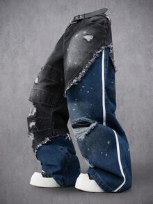 Manfinity Denimwave Retro American Style Distressed Waistband Denim Wide Leg Pants, Unisex - Multicolor - View 4