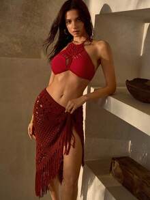 MOTF PREMIUM Váy len móc thủ công kiểu Bohemian với tua rua - Đỏ - Xem 6