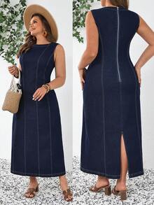 SHEIN Tall CURVE 春夏女士加大码无袖优雅牛仔度假休闲夏季长裙 - 深色水洗藍 - 查看 1