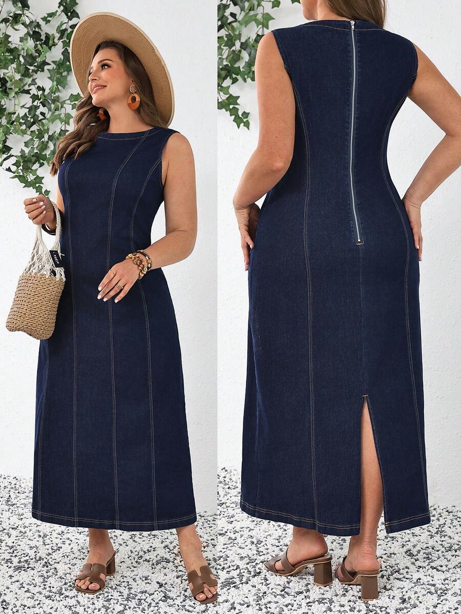 SHEIN Tall CURVE 春夏女士加大码无袖优雅牛仔度假休闲夏季长裙 - 深色水洗藍 - 查看 1