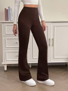 SHEIN Tall 女士高腰显瘦纯黑色休闲裤，适合夏秋季节穿着，高级加长款 - 咖啡棕 - 查看 4