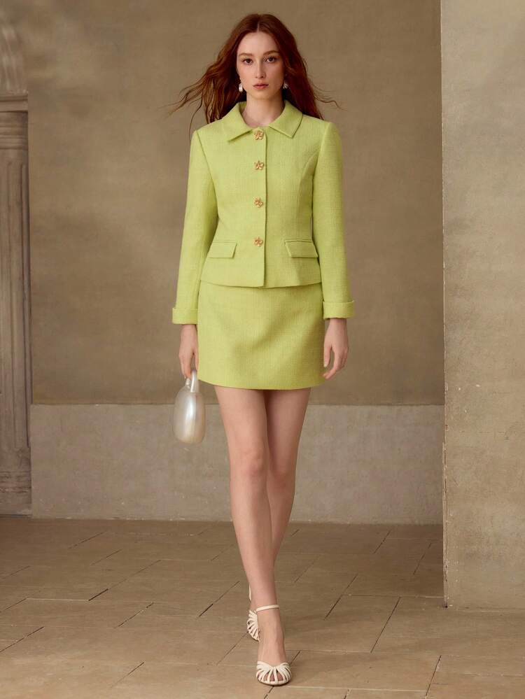 SPRING/SUMMER TWEED JACKET WITH FLORAL DECOR + MINI SKIRT SET