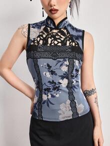 ROMWE Avant Retro New Chinese Style Garden Window Flower Design Floral Print Mandarin Collar Women Tank Top - Blue - View 3