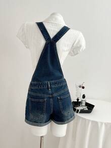 Elamini Y2K Fashion Casual Retro Button Cuff Denim Bib Shorts - Medium Wash - View 2