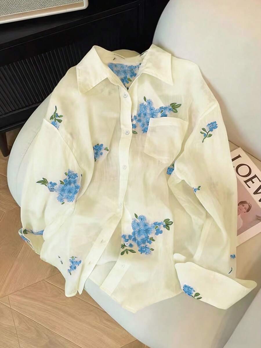 Resyla 女士时尚休闲简约浪漫度假刺绣花卉长袖纽扣衬衫 - 藍色 - 查看 1