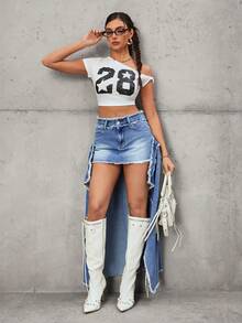 SHEIN HypeZone 低腰毛边长短款牛仔裙 - 中等水洗藍 - 查看 6