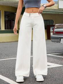 Flirla Y2K Low Waist Asymmetric Waist Button Washed Denim Straight Leg Pants - White - View 1