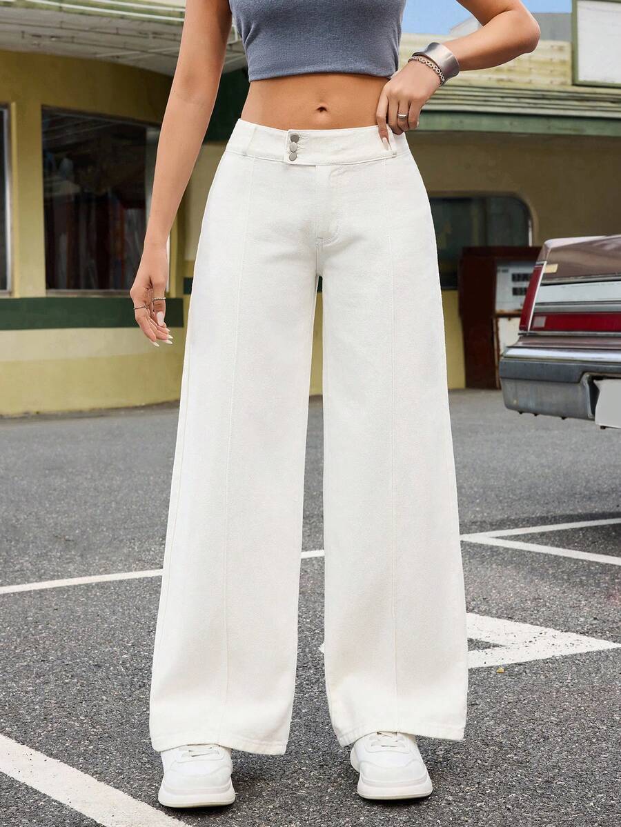 Flirla Y2K Low Waist Asymmetric Waist Button Washed Denim Straight Leg Pants - White - View 1