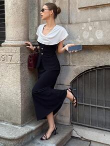 Siren Gaze 女士优雅通勤摆领纽扣装饰连衣裙，夏季 - 黑與白 - 查看 8