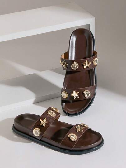 SHUZIA Women's Replica Superior Comfort Metal Ornaments Decor Double Strap Slip-On Flat Sandals Valentine's Day