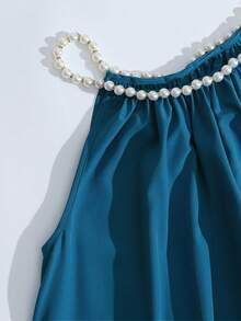 Franclia French-Style Light Luxury Fashion Elegant And Exquisite Vest Dress With Pearl Chain Collar, Red Vest Summer Dress, Blue Fashion Dress, Women's Elegant Dress, Women's Luxury Dress, Summer Dress, Women's Summer Outfit, Women's Wedding Guest Dress, Wedding Party Dress, Women's Graduation Dress, Party Dress Ocean Dress Simple Dress Bubble Beads Dress Loose Dresses Blue Dress Summer Long Blue Dress Dress With Pearls Halter Neck Dress Blue Silk Dress Bubble Dress - Teal Blue - View 5