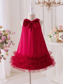 SHEIN Young Girl Woven Solid Color Mesh Ruffle Hem Casual Sleeveless Dress,Kids - Apricot - View 9