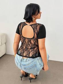 Auralis 女士蕾丝拼接露背T恤，夏季美式褶皱修身短袖T恤，加大码情人节/新款夏季短袖露背蕾丝镂空上衣/黑色Y2K风格，适合酒吧、卡拉OK/音乐节等场合/性感 - 黑色 - 查看 1