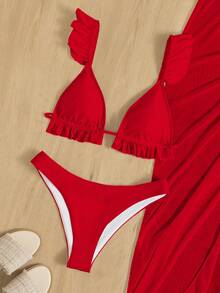 SHEIN Swim 2026 Women Summer Beach Solid Color Patchwork Ruffle Sexy Bikini Set With Drawstring Cover-Up And Skirt - Red - View 4
