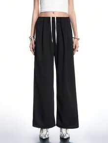 Airlisse Women's Drawstring Waist Pleated Casual Street Wear Sweatpants, Spring/Summer - Black - View 4