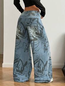 StreetHx Street Style Full Graffiti Print Wide Leg Jeans - Light Wash - View 2
